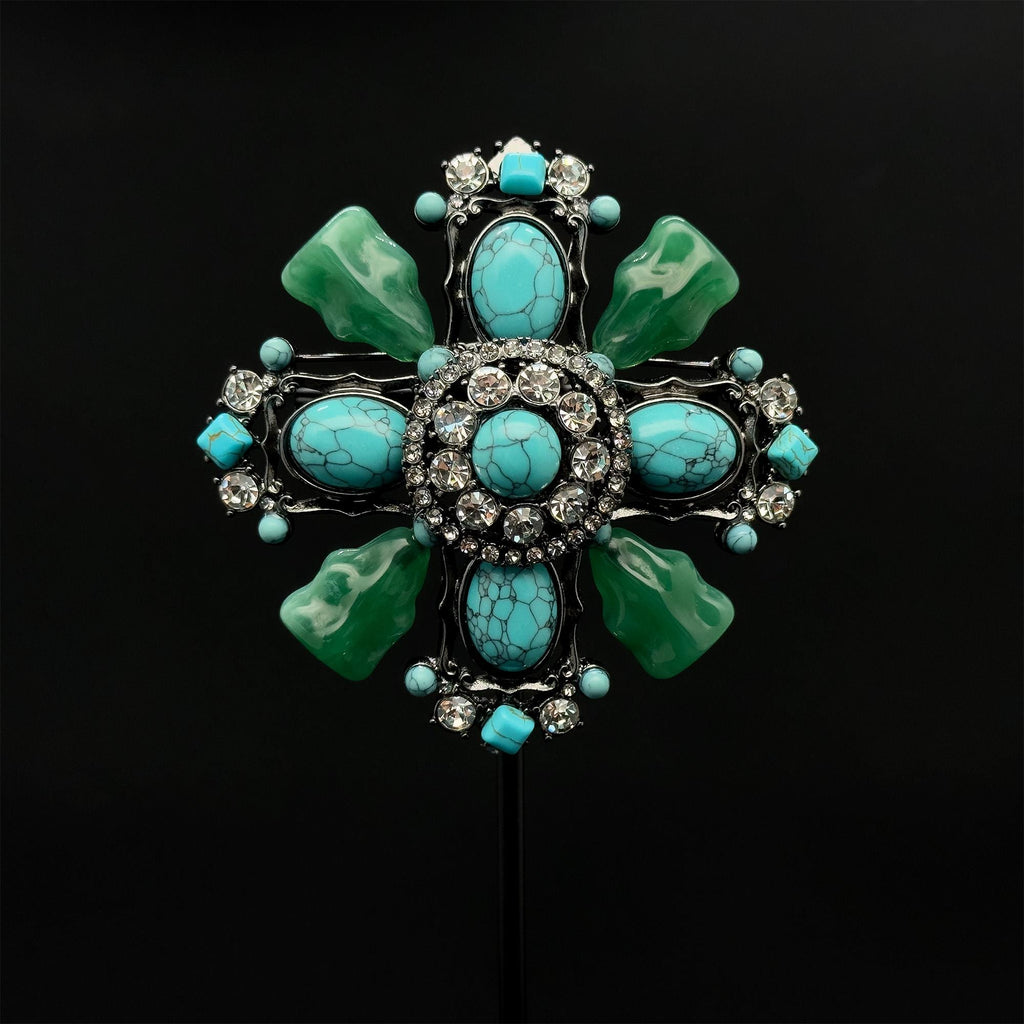 Vintage Art Deco Turquoise Cross Brooch Large Rhinestone Copper Statement