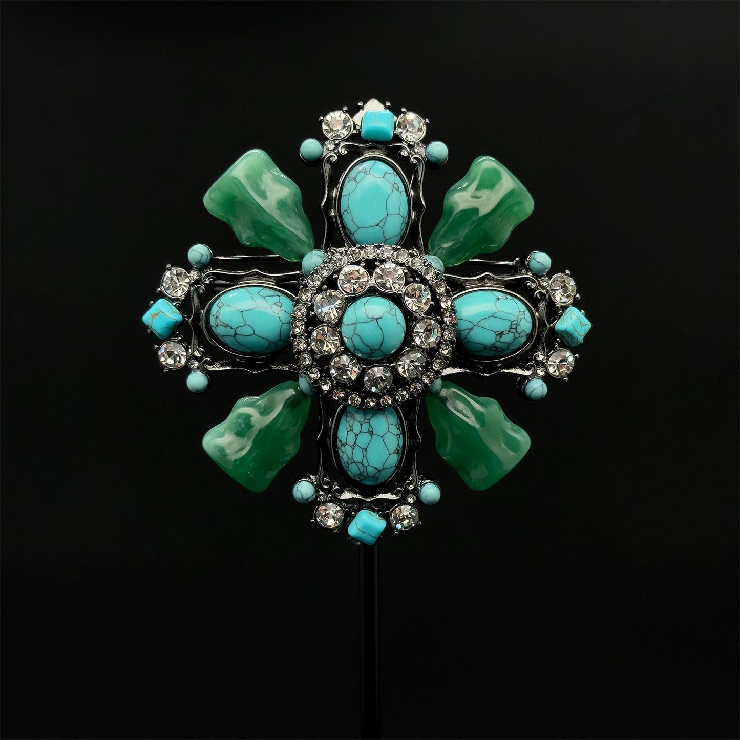 Vintage Art Deco Turquoise Cross Brooch Large Rhinestone Copper Statement