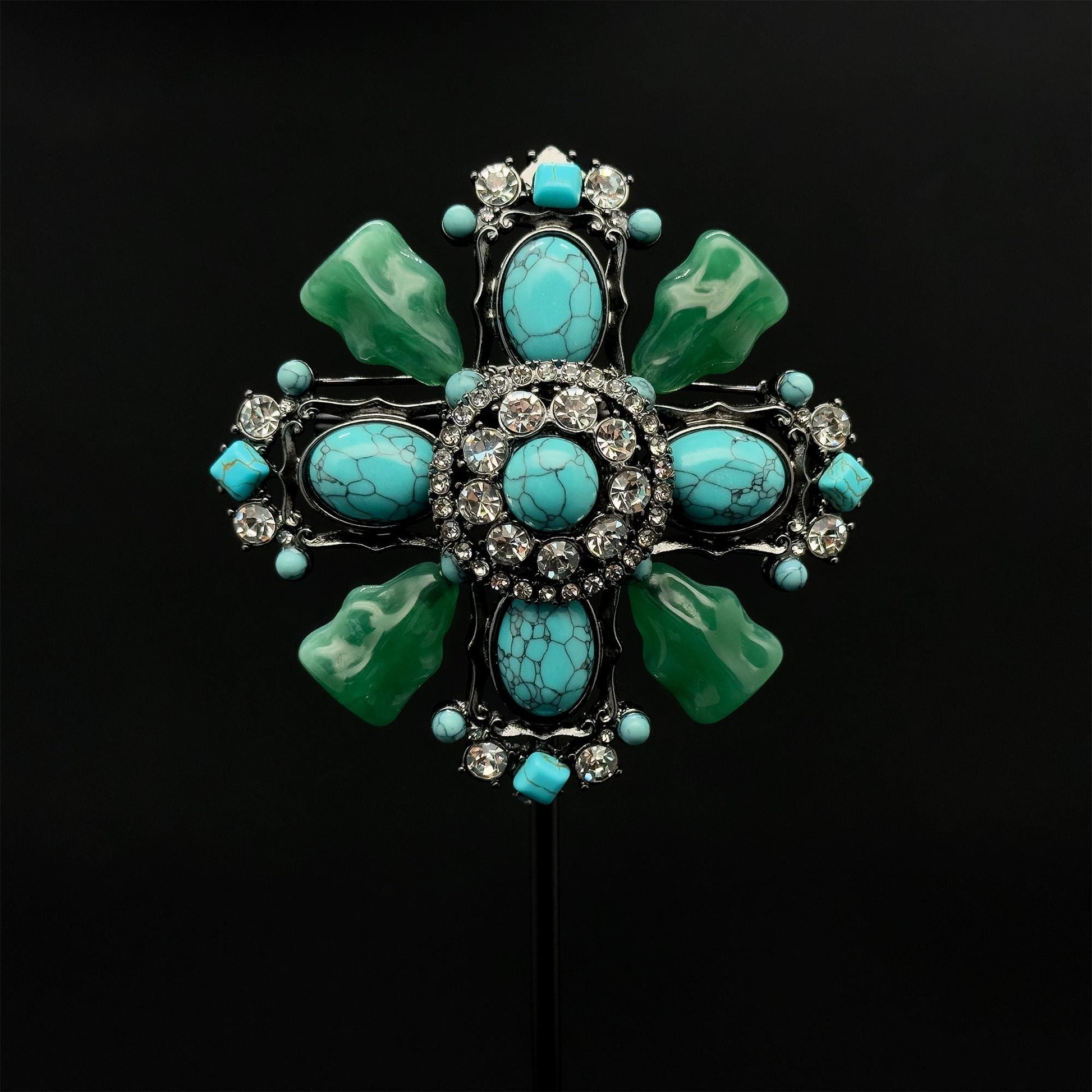 Vintage Art Deco Turquoise Cross Brooch Large Rhinestone Copper Statement
