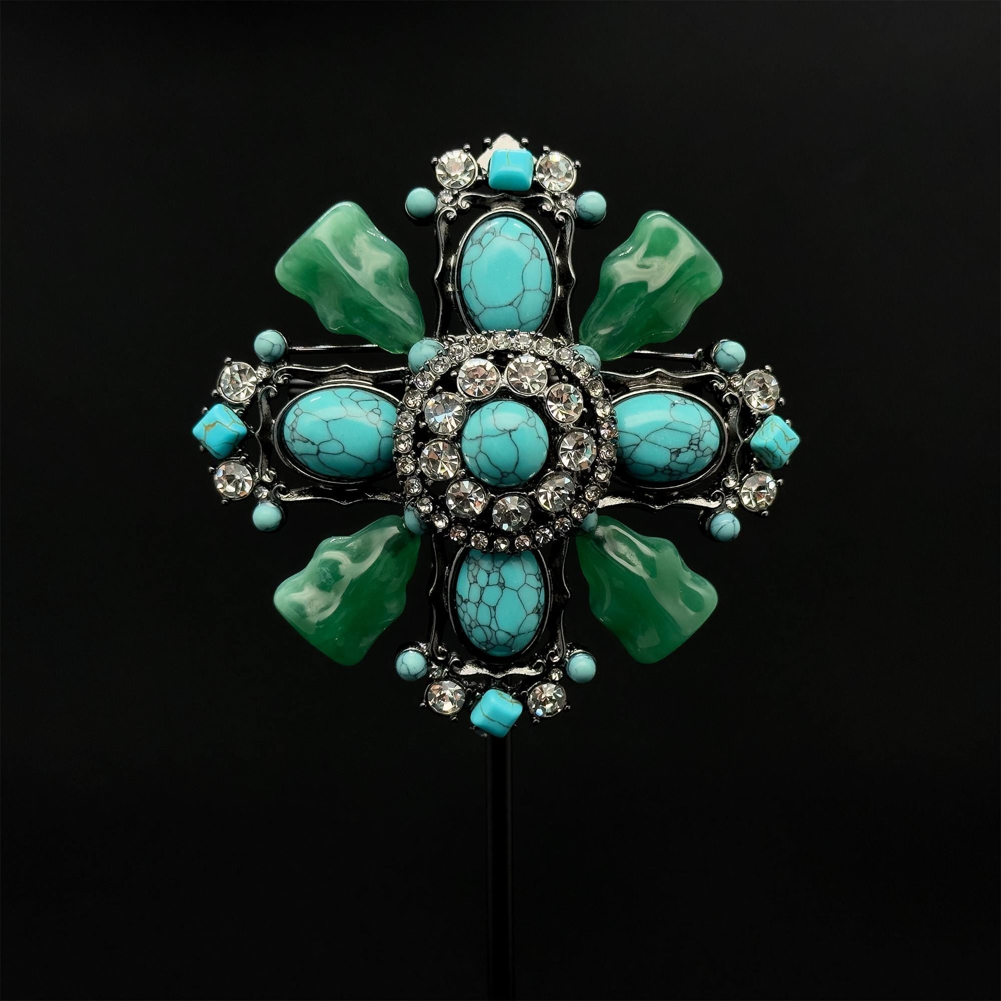 Vintage Art Deco Turquoise Cross Brooch Large Rhinestone Copper Statement
