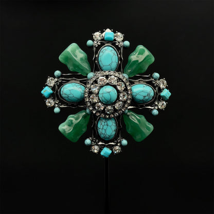 Vintage Art Deco Turquoise Cross Brooch Large Rhinestone Copper Statement