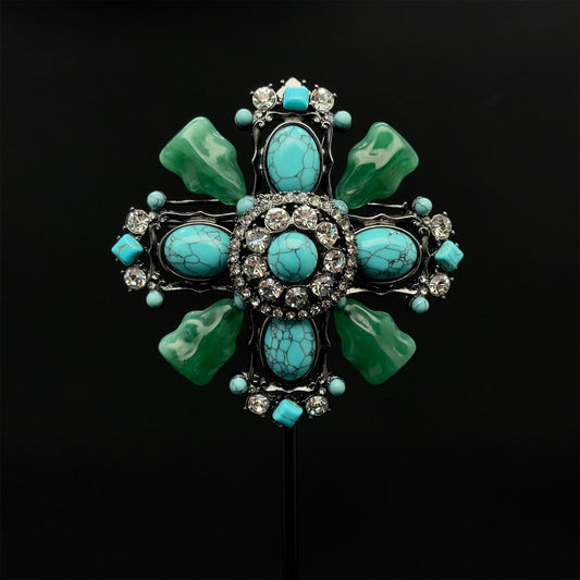 Vintage Art Deco Turquoise Cross Brooch Large Rhinestone Copper Statement