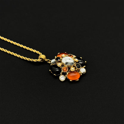 Art Deco Vintage Pendant Necklace Boho Ethnic Zircon Glass Copper