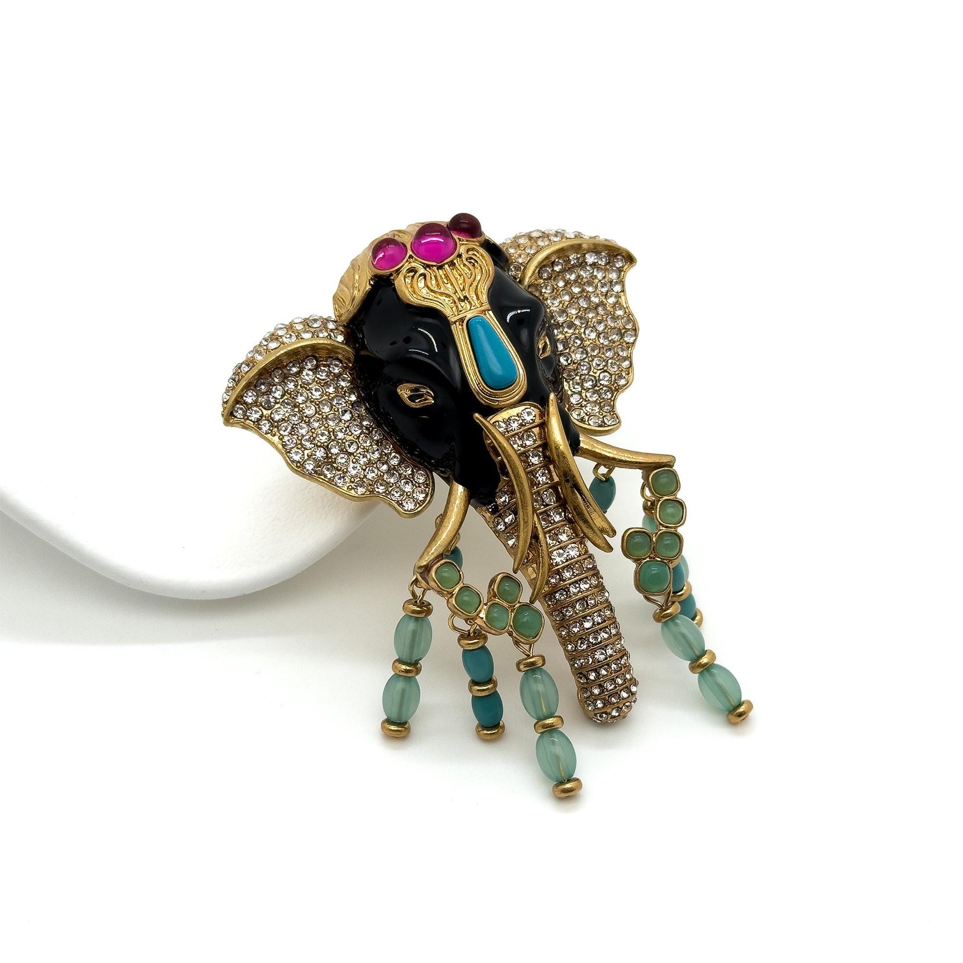 Art Deco Elephant Statement Brooch – Rhinestone Enamel Vintage Tribal