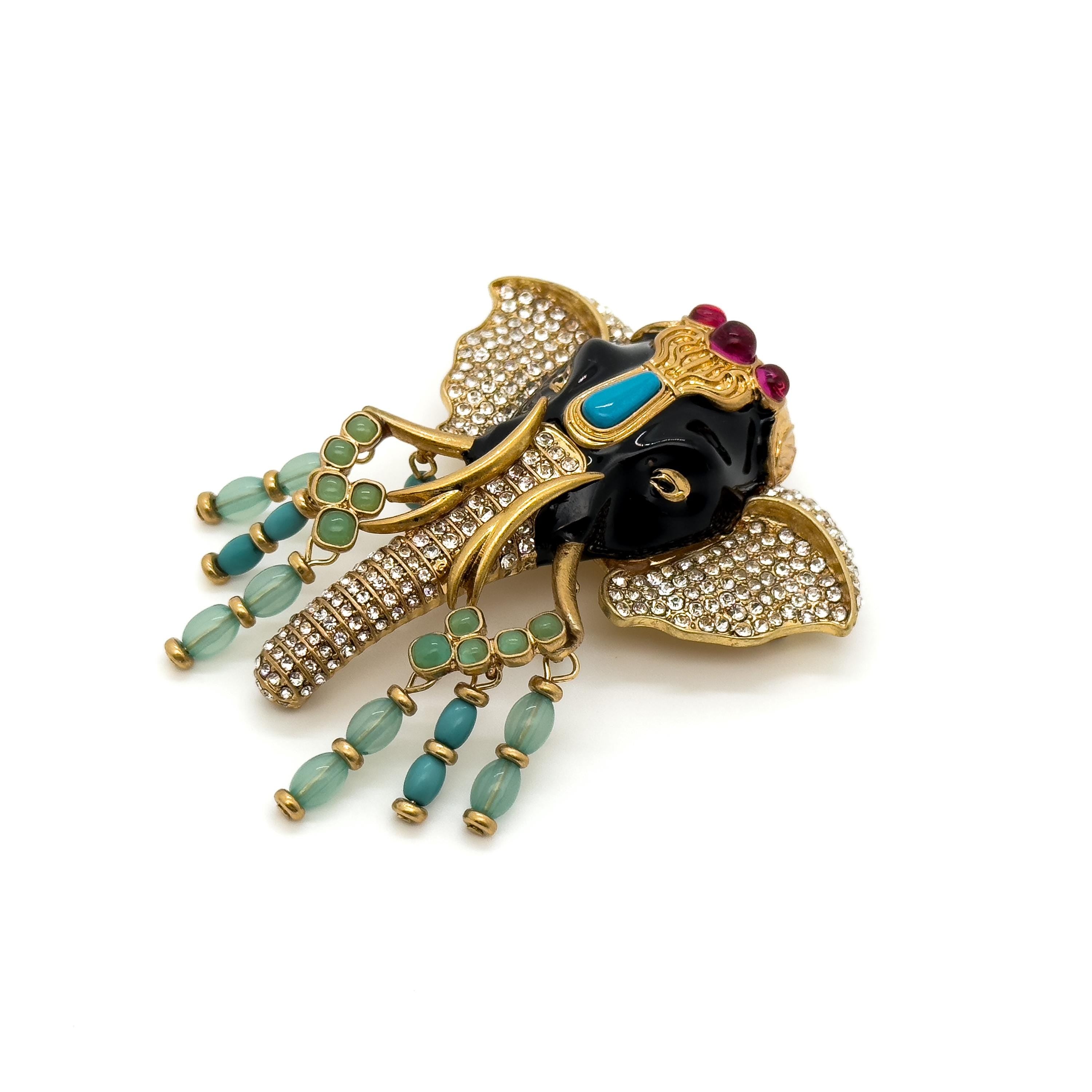 Art Deco Elephant Statement Brooch – Rhinestone Enamel Vintage Tribal
