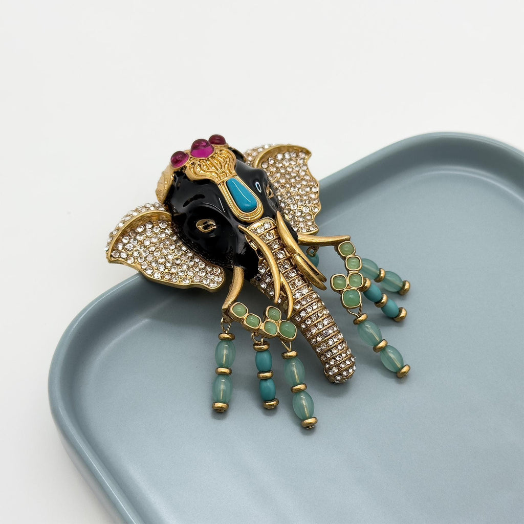 Art Deco Elephant Statement Brooch – Rhinestone Enamel Vintage Tribal