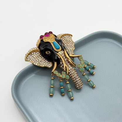 Art Deco Elephant Statement Brooch – Rhinestone Enamel Vintage Tribal