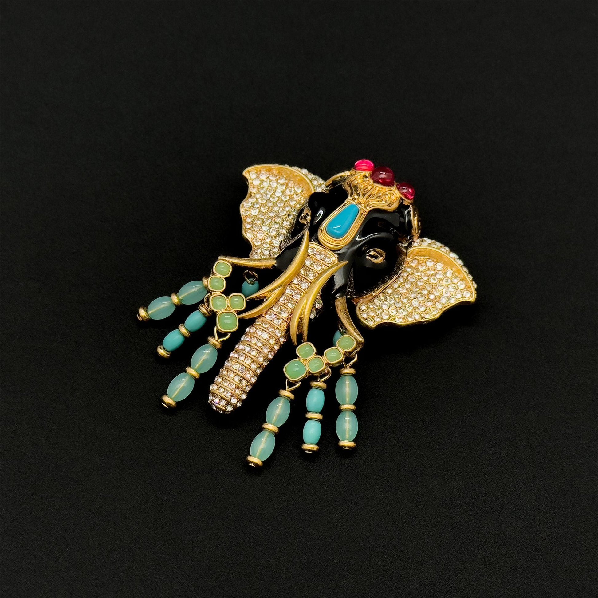 Art Deco Elephant Statement Brooch – Rhinestone Enamel Vintage Tribal
