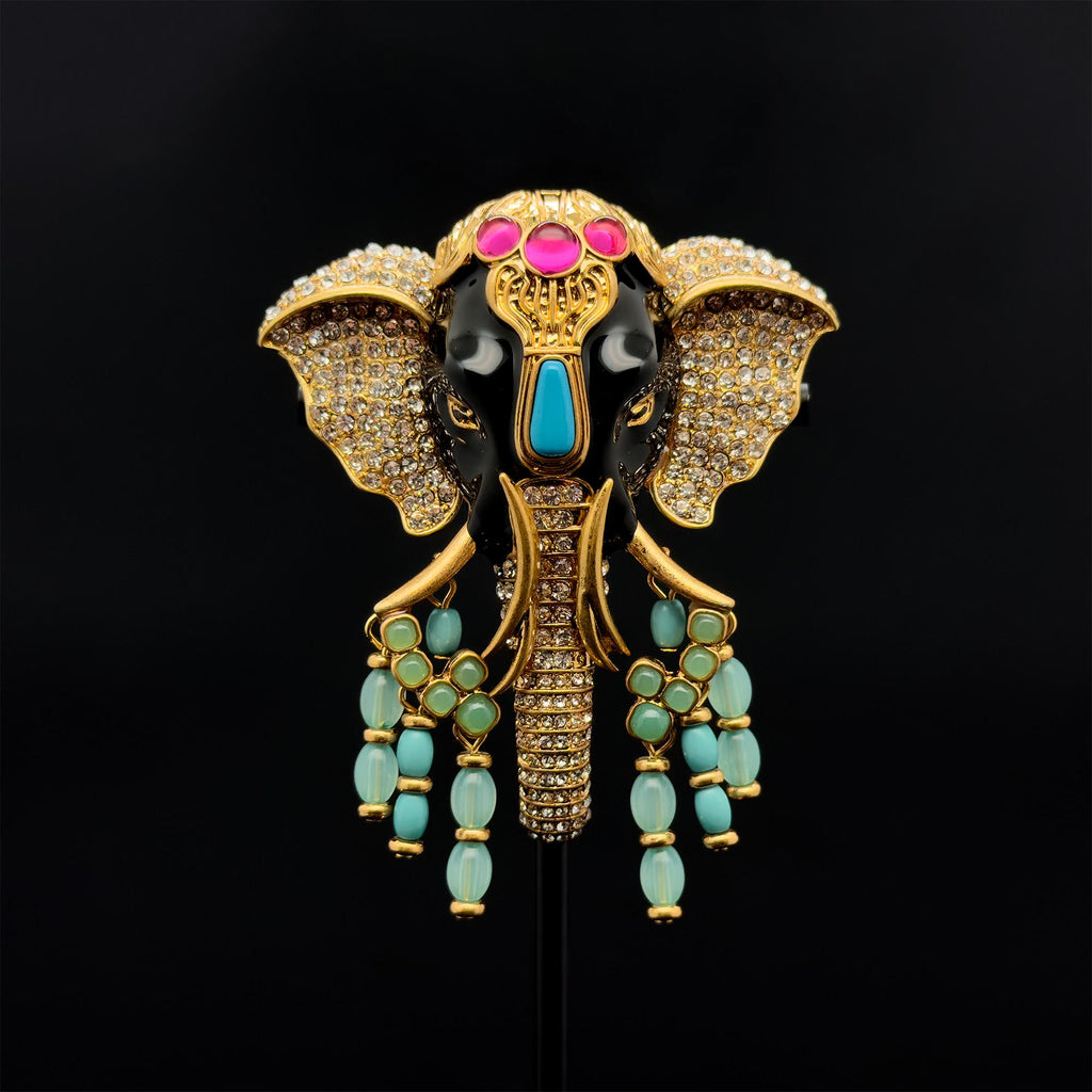 Art Deco Elephant Statement Brooch – Rhinestone Enamel Vintage Tribal