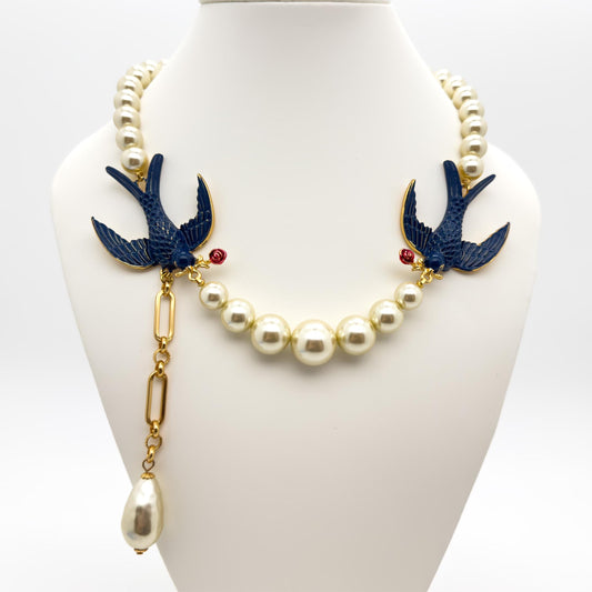 French Vintage Petrel Pearl Enamel Necklace and Earrings Set