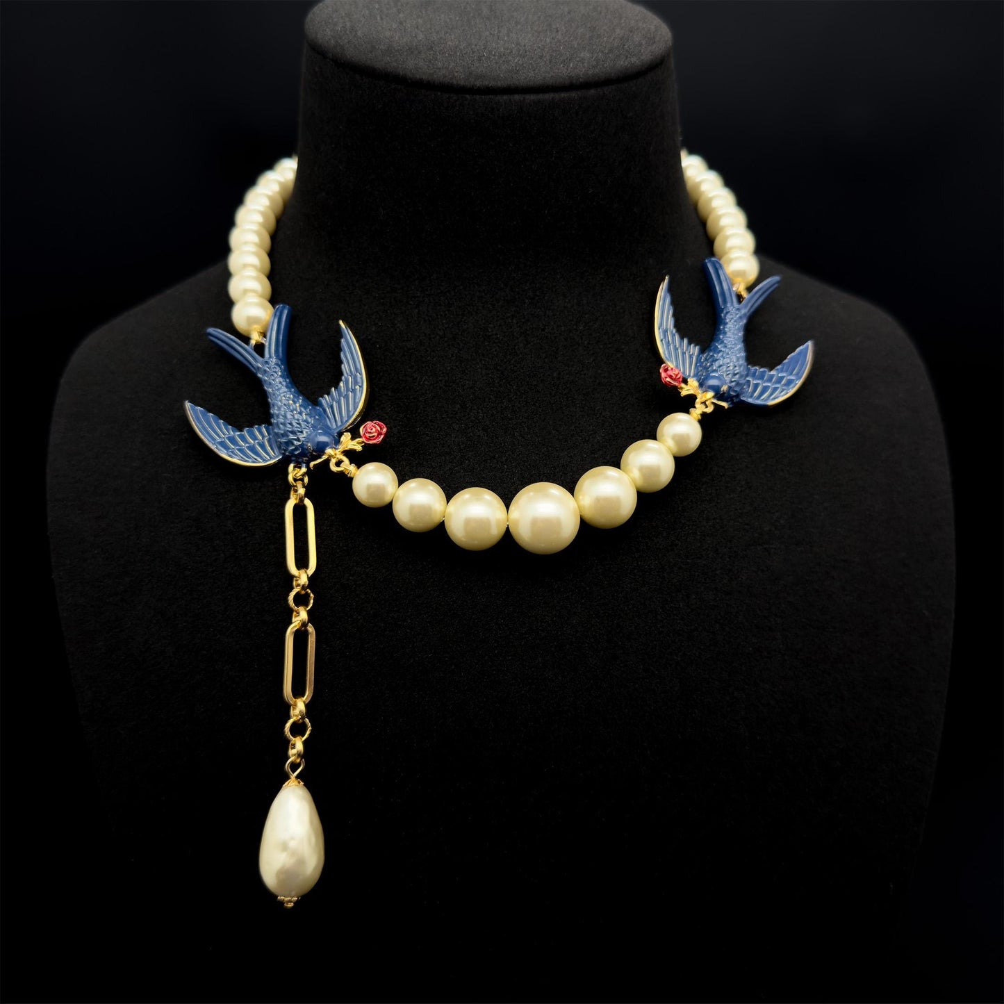 French Vintage Petrel Pearl Enamel Necklace and Earrings Set