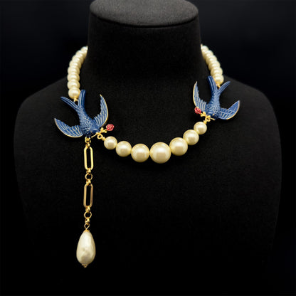 French Vintage Petrel Pearl Enamel Necklace and Earrings Set