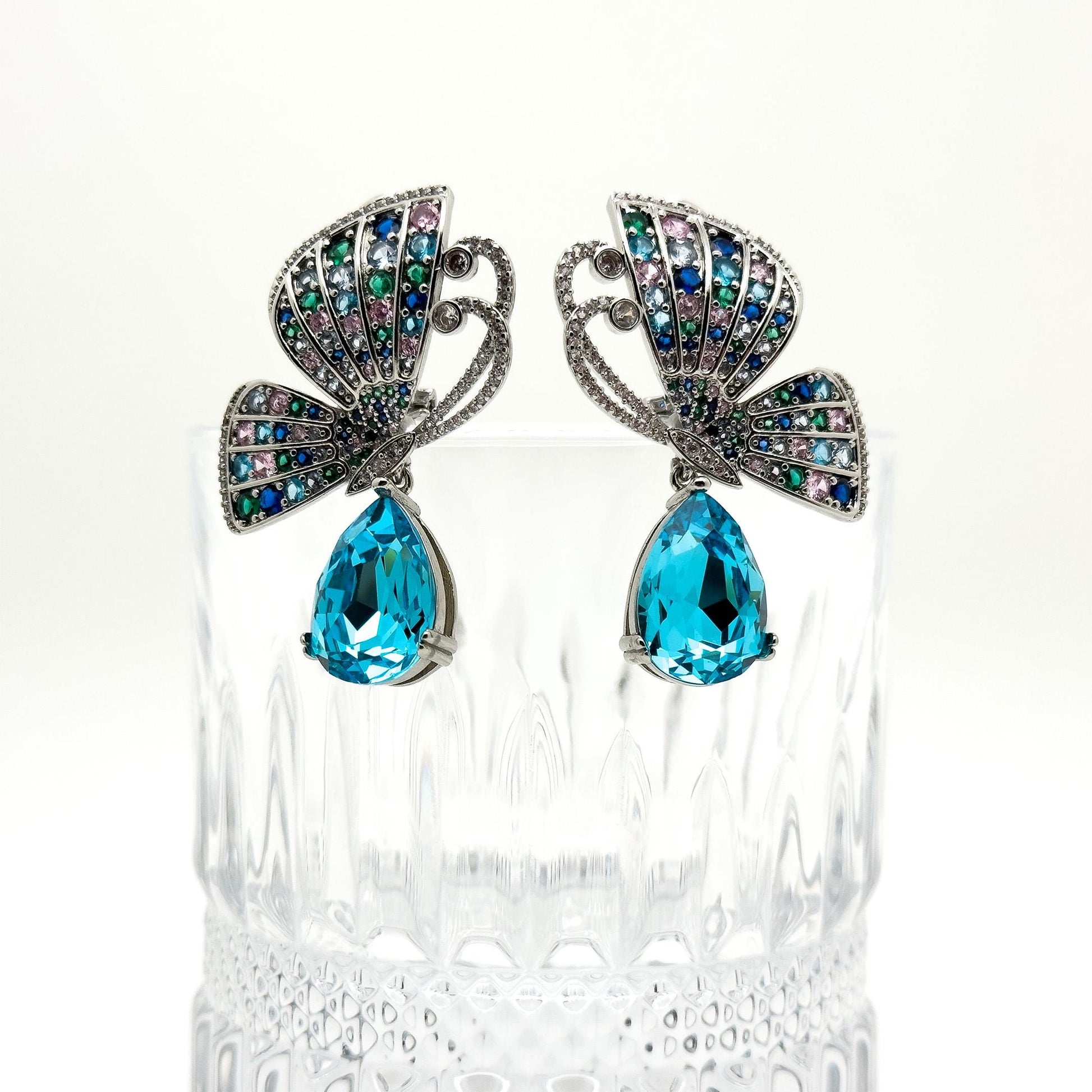 French Vintage Butterfly Stud Earrings with Zircon Copper Detail