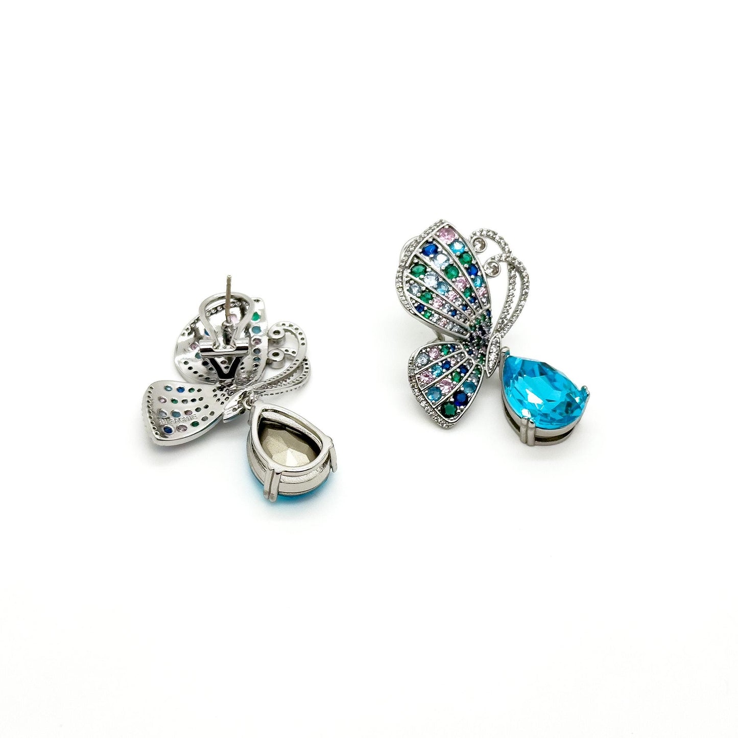 French Vintage Butterfly Stud Earrings with Zircon Copper Detail