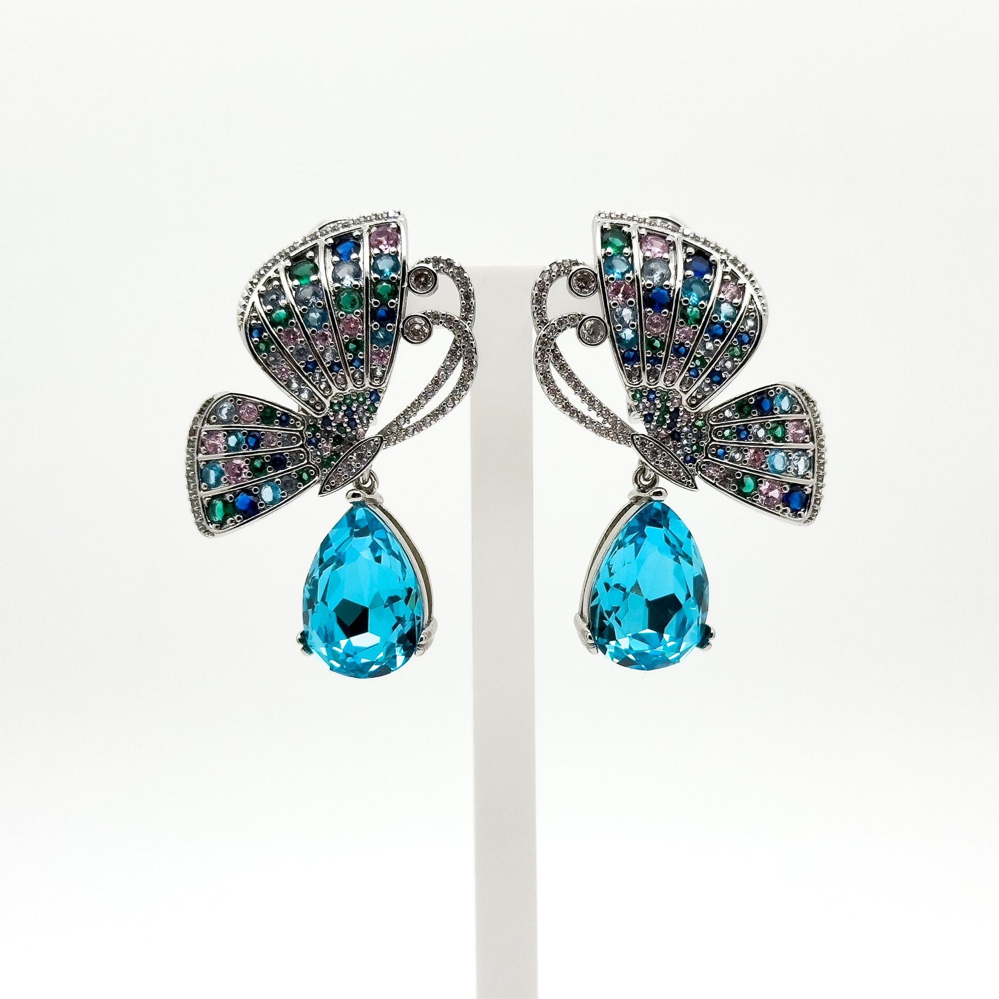 French Vintage Butterfly Stud Earrings with Zircon Copper Detail