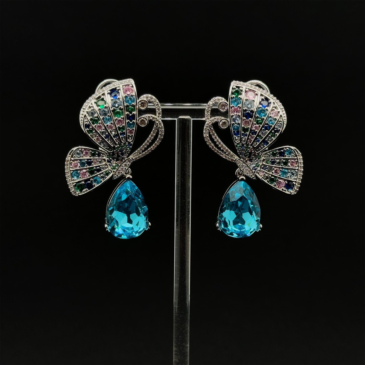 French Vintage Butterfly Stud Earrings with Zircon Copper Detail