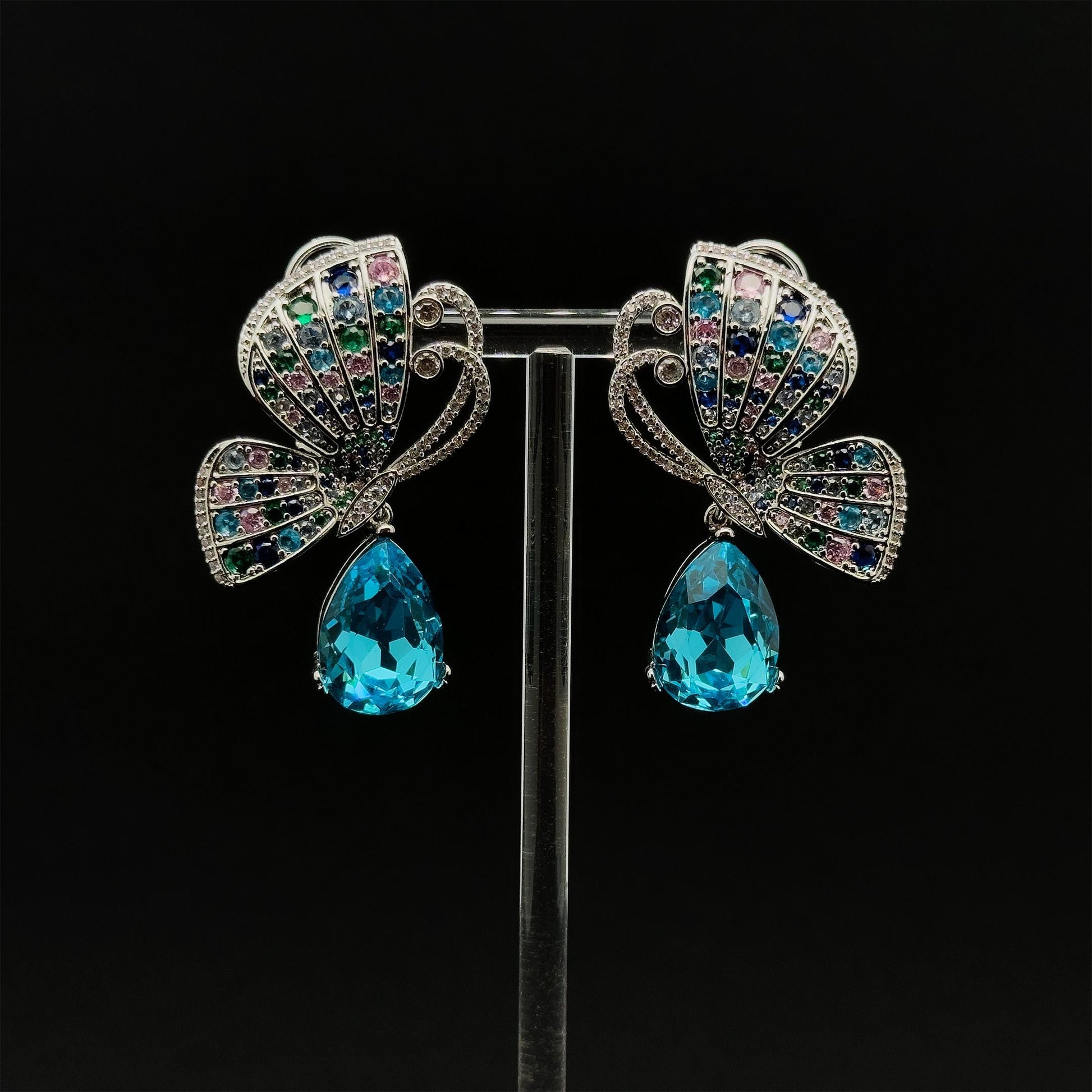 French Vintage Butterfly Stud Earrings with Zircon Copper Detail