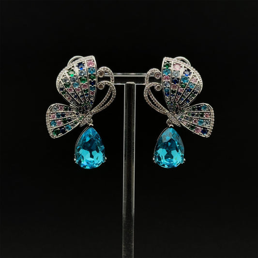 French Vintage Butterfly Stud Earrings with Zircon Copper Detail