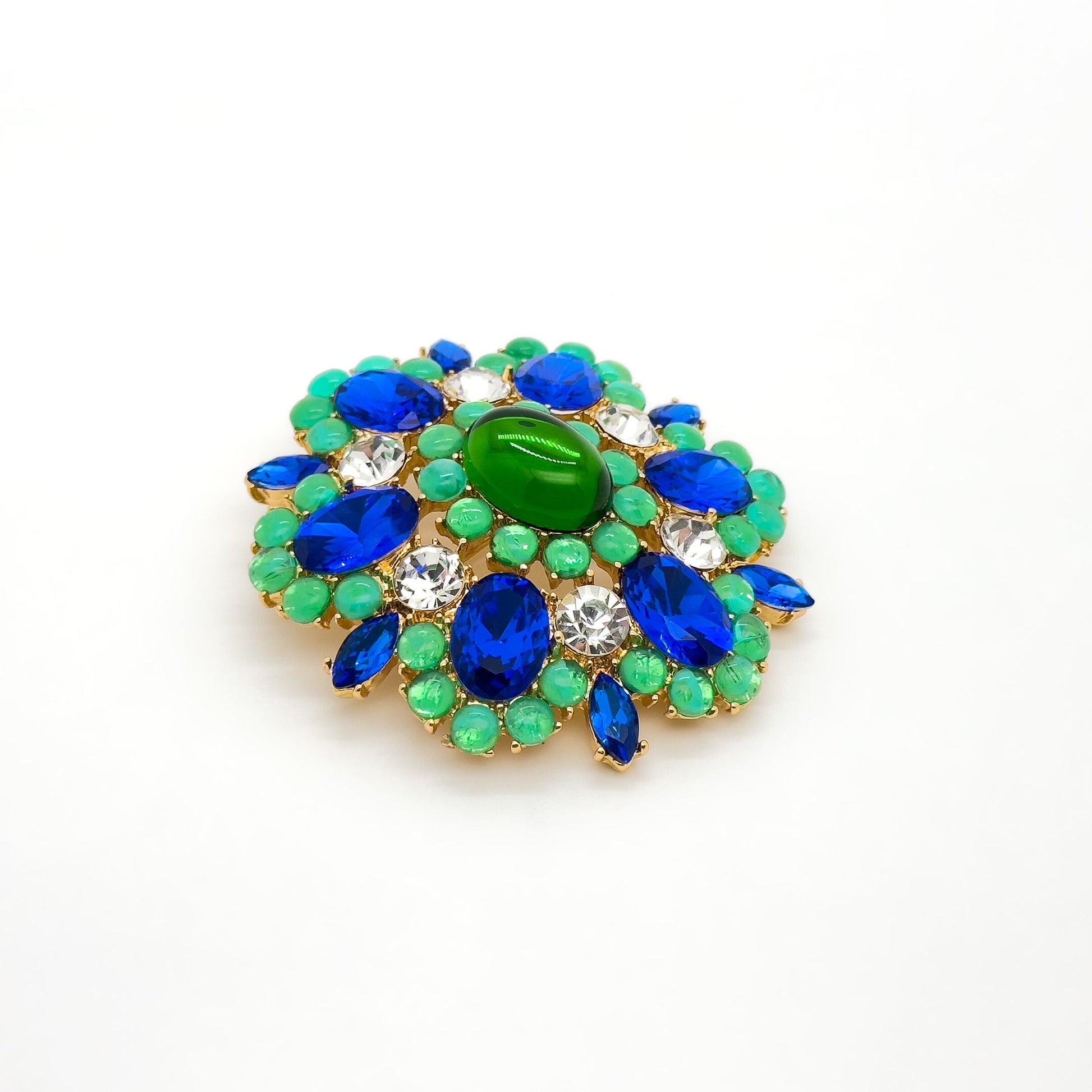 French-Style Blue Flower Brooch with Rhinestones and Gift Box