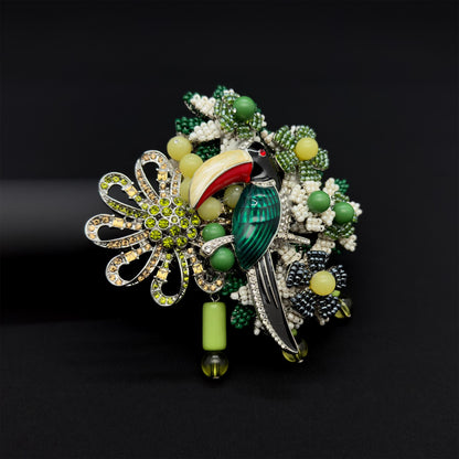 Vintage Woven Bird Brooch Boho Large Beaded Copper Statement Pin