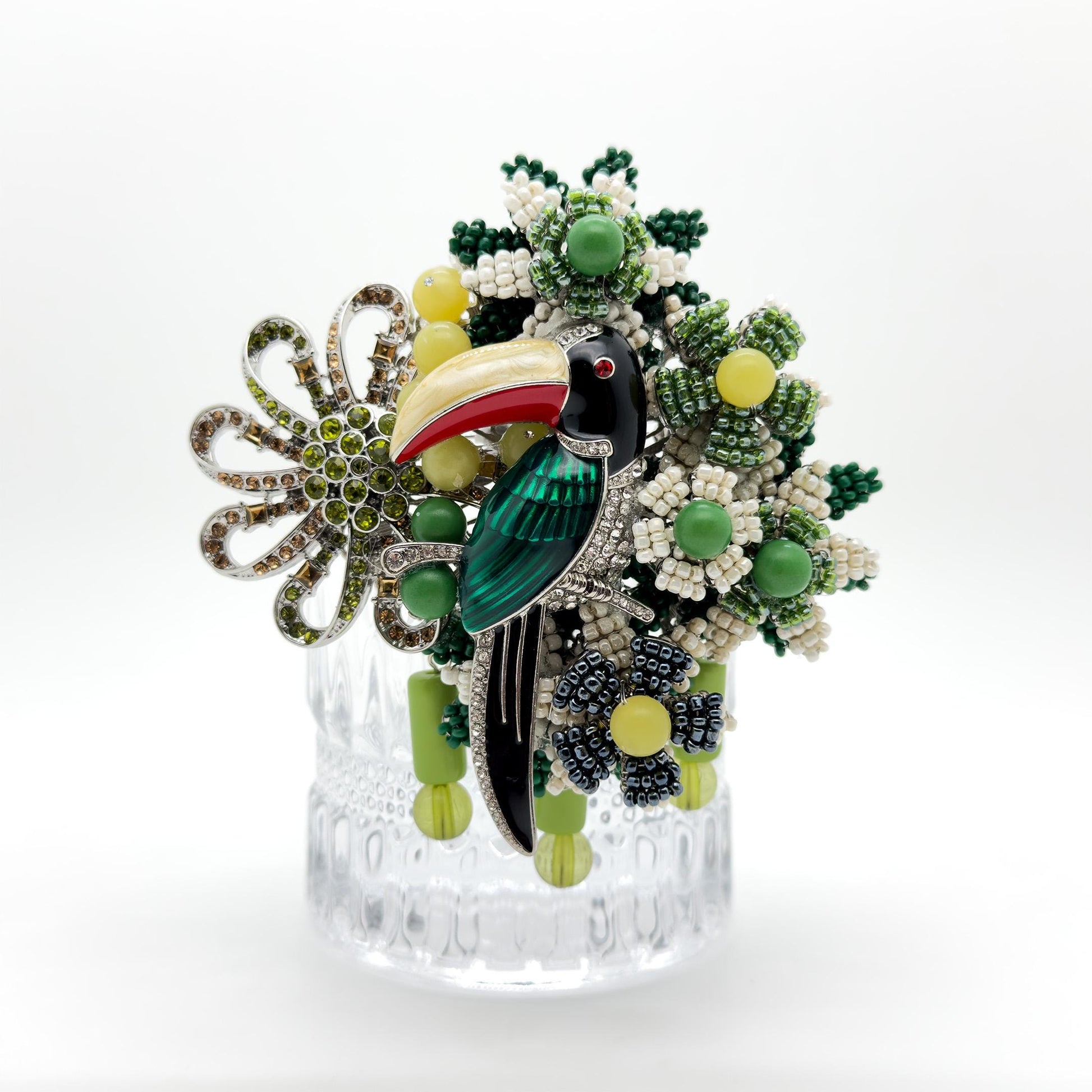 Vintage Woven Bird Brooch Boho Large Beaded Copper Statement Pin