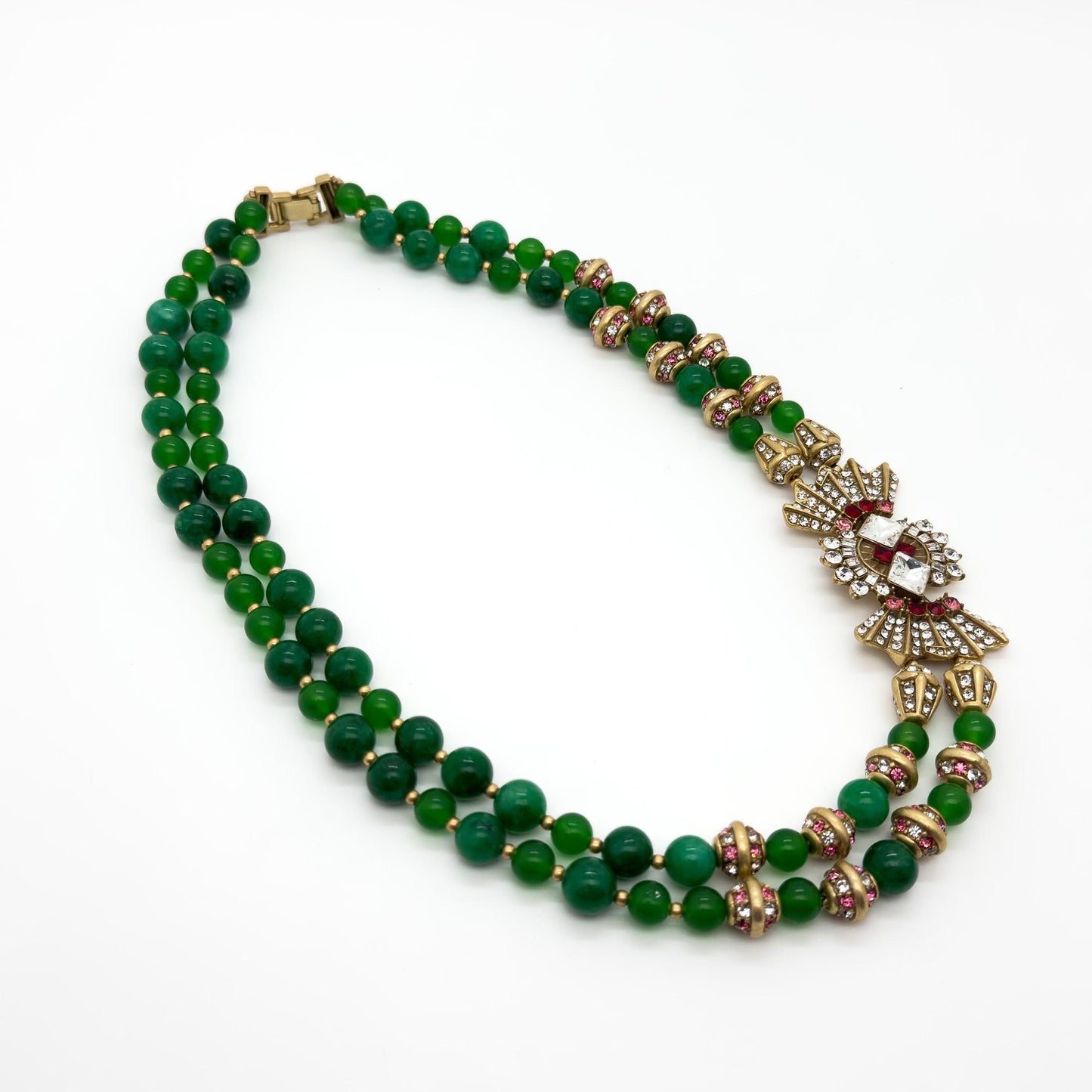 Vintage Art Deco Beaded Emerald Glass Necklace with Bow Accent