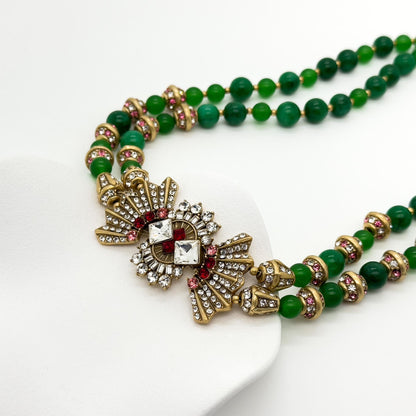 Vintage Art Deco Beaded Emerald Glass Necklace with Bow Accent