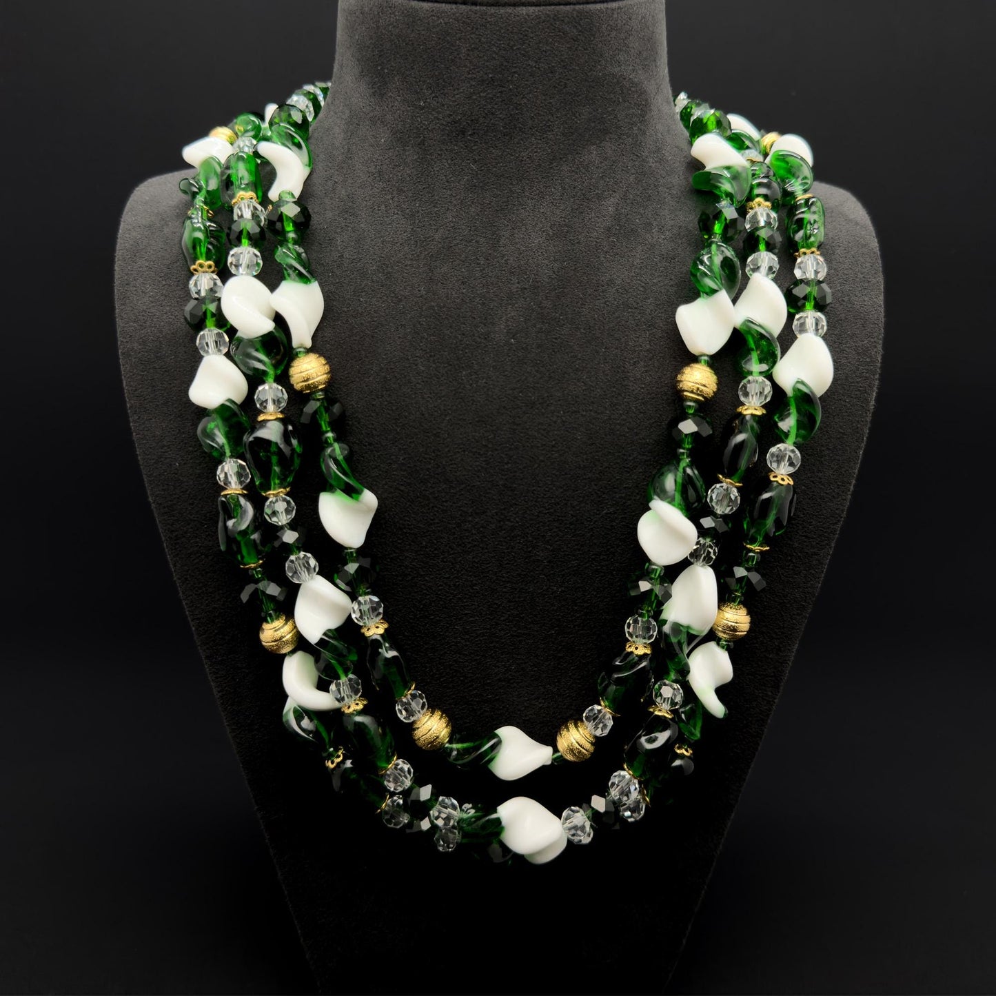 Vintage Art Deco Layered Glass Beaded Necklace Copper Crystal