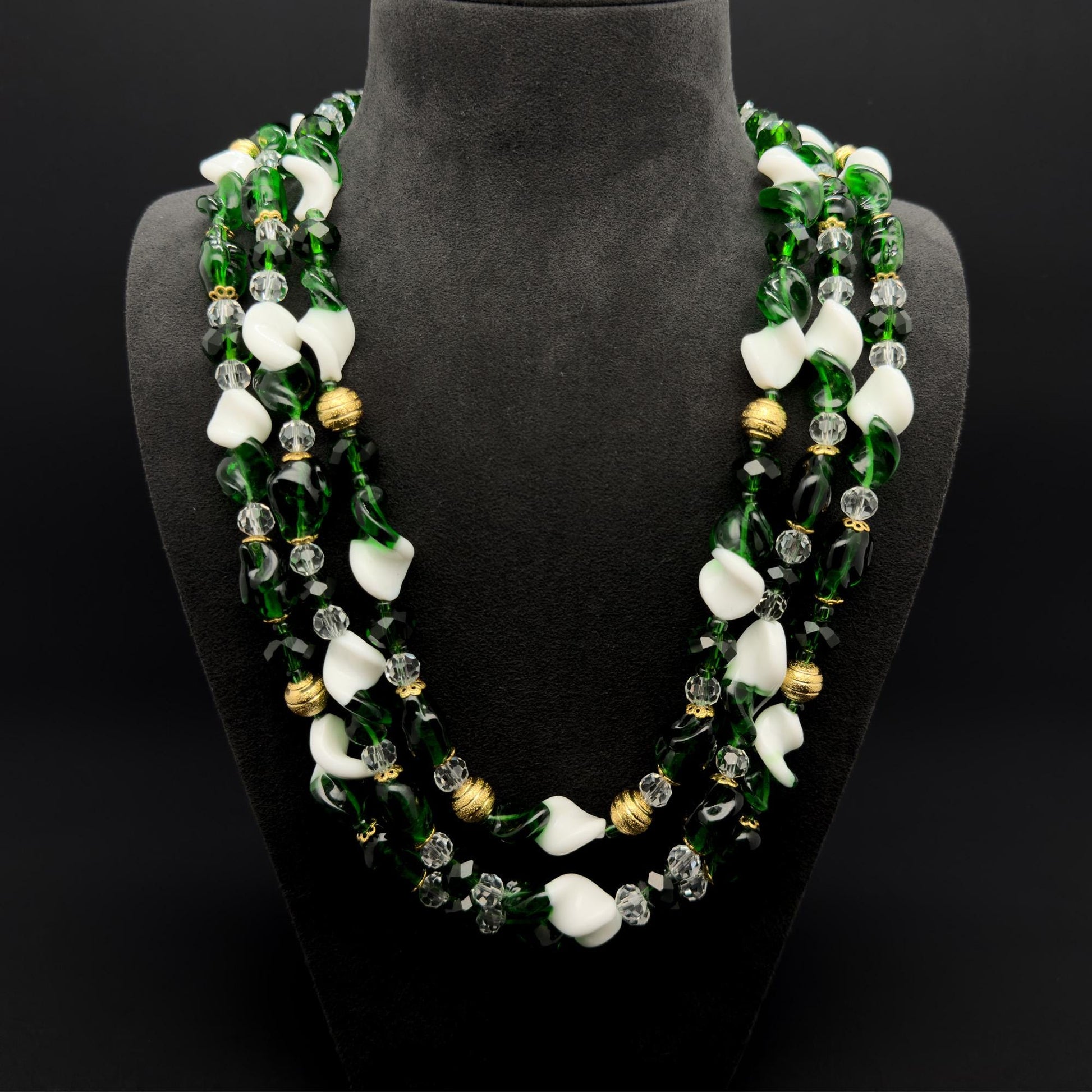 Vintage Art Deco Layered Glass Beaded Necklace Copper Crystal