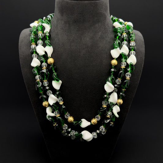 Vintage Art Deco Layered Glass Beaded Necklace Copper Crystal