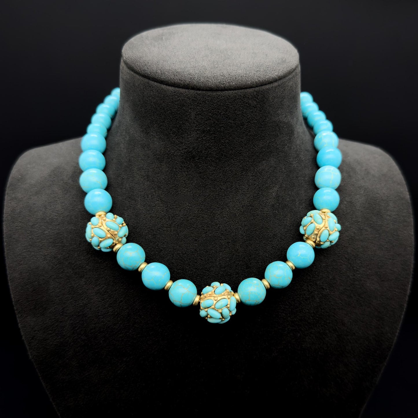 Vintage Art Deco Turquoise Bead Necklace Copper Gemstone Boho