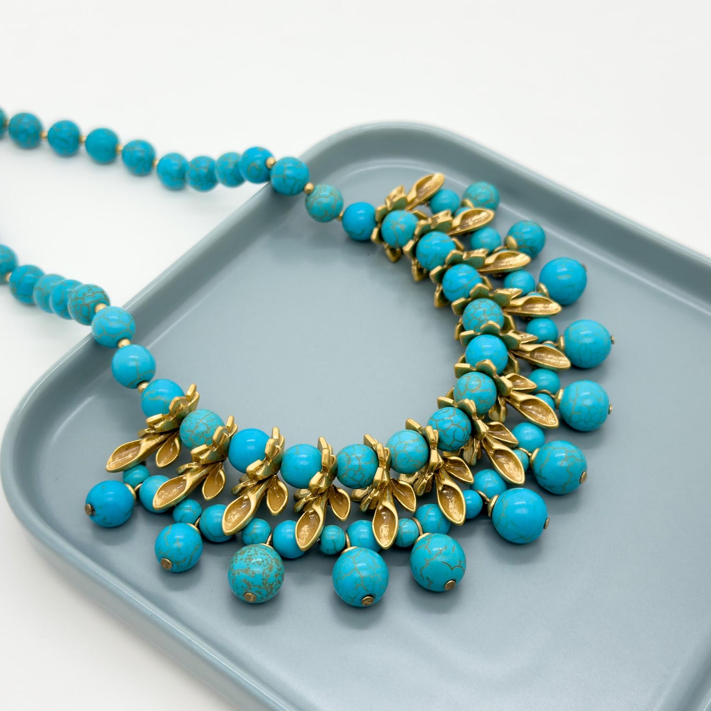 Vintage Art Deco Emerald Flower Copper Beaded Boho Necklace