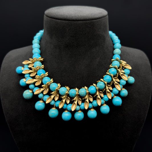 Vintage Art Deco Emerald Flower Copper Beaded Boho Necklace