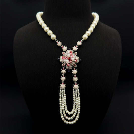 French Vintage Pearl Flower Pendant Necklace and Earrings Set
