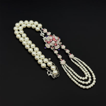 French Vintage Pearl Flower Pendant Necklace and Earrings Set