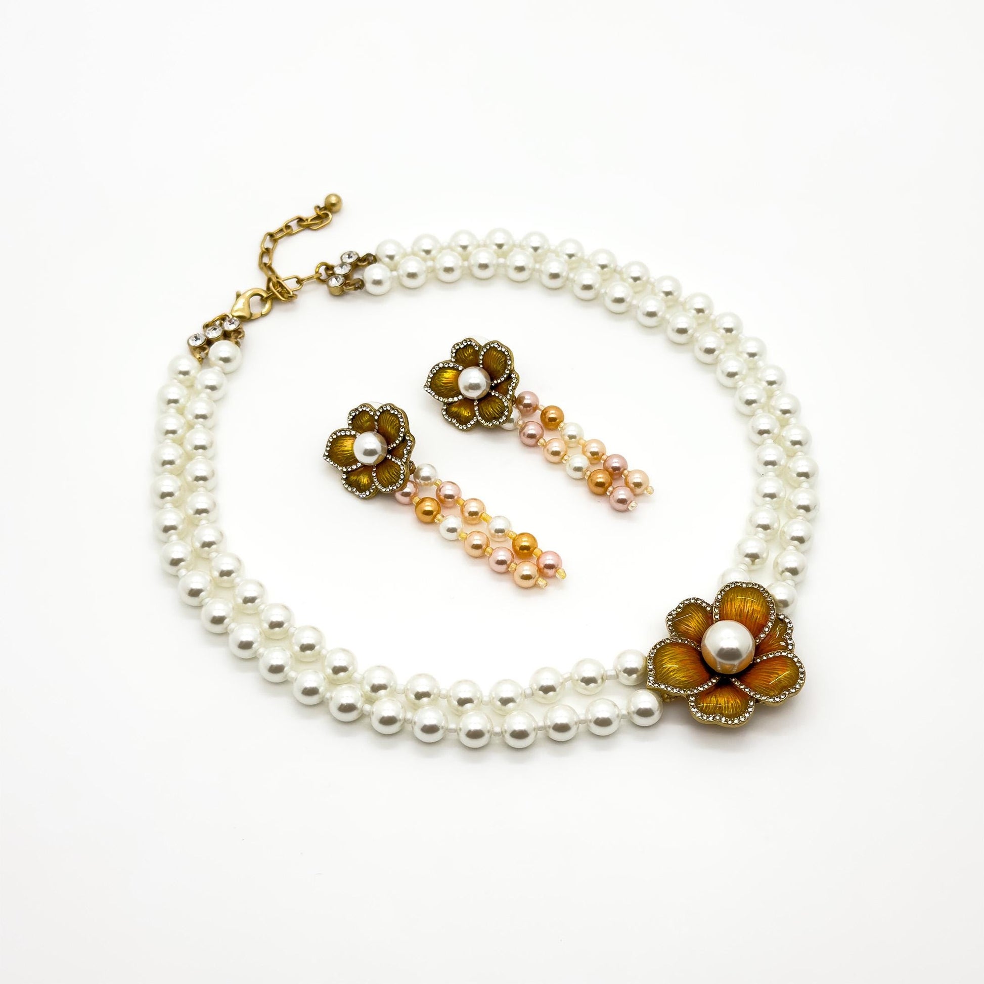 French Vintage Pearl Flower Necklace and Earrings Set Palace Style