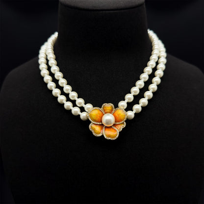 French Vintage Pearl Flower Necklace and Earrings Set Palace Style