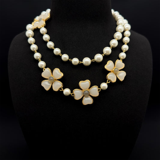 Vintage Palace Pearl Flower Long Beaded Dress Necklace