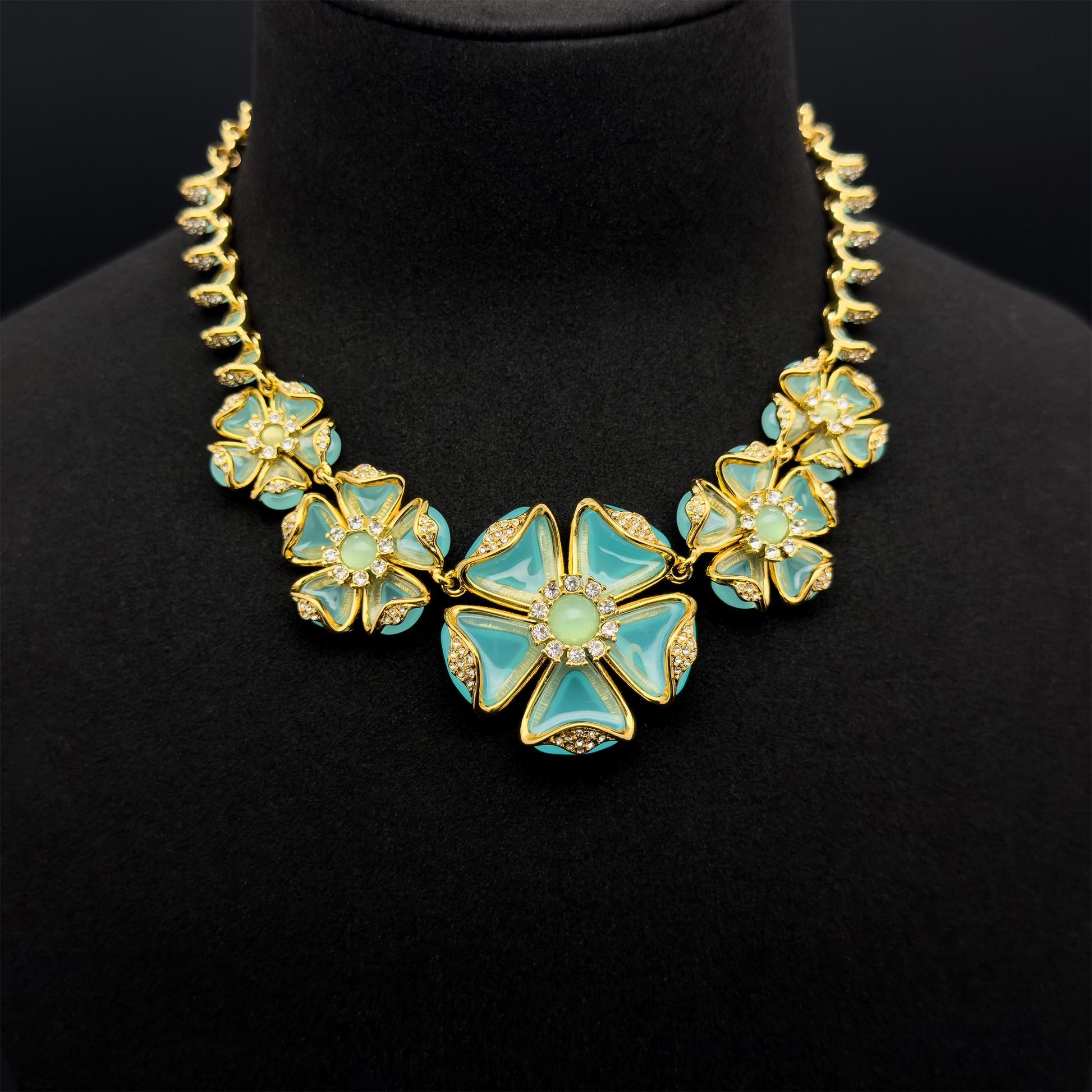 Vintage Palace Blue Flower Crystal Necklace Statement Dress Jewellery