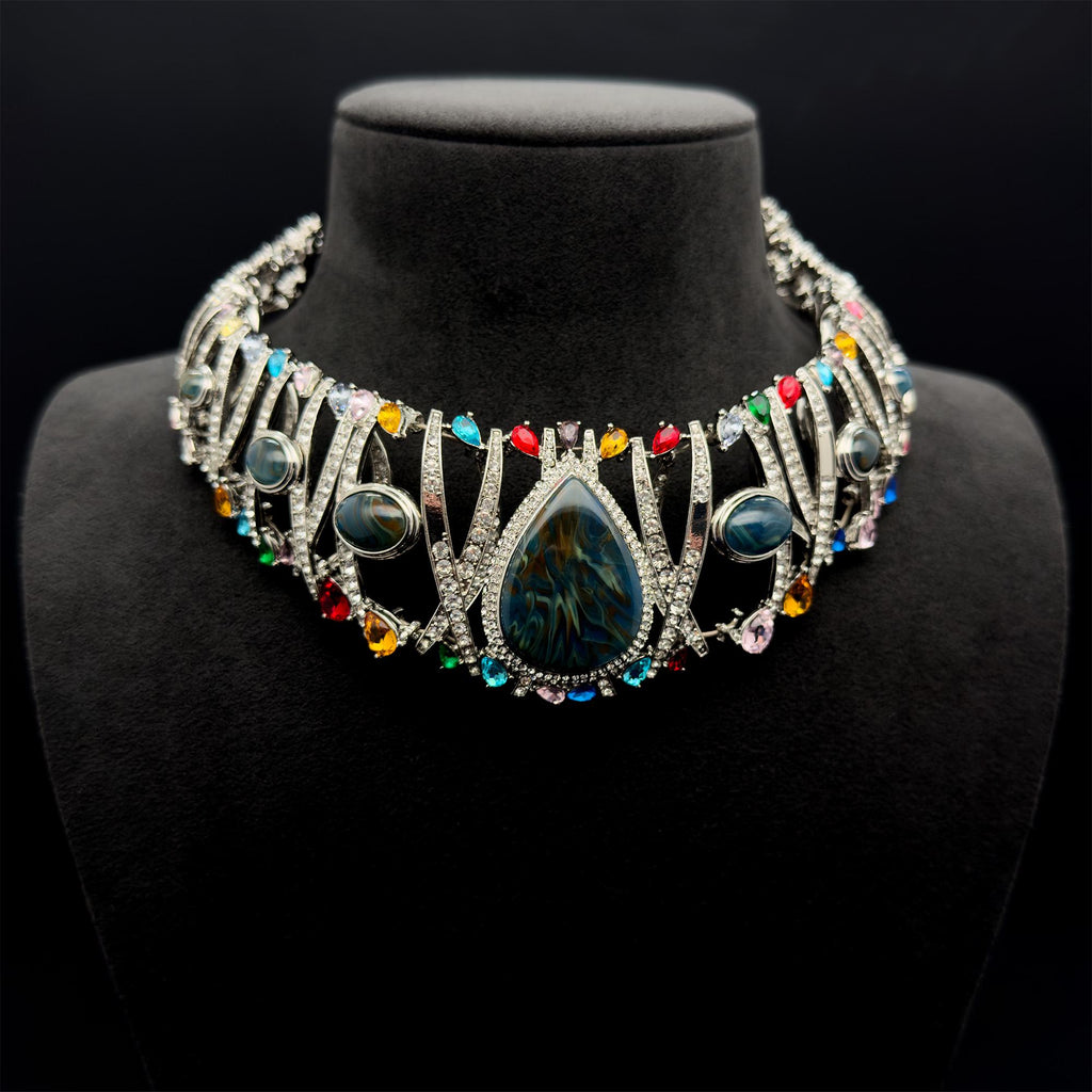 Vintage Art Deco Rhinestone Statement Choker Necklace with Stones