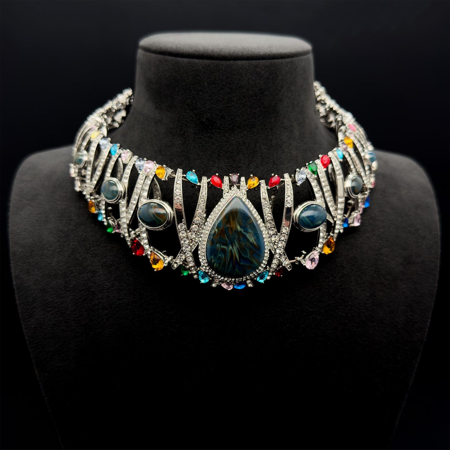 Vintage Art Deco Rhinestone Statement Choker Necklace with Stones