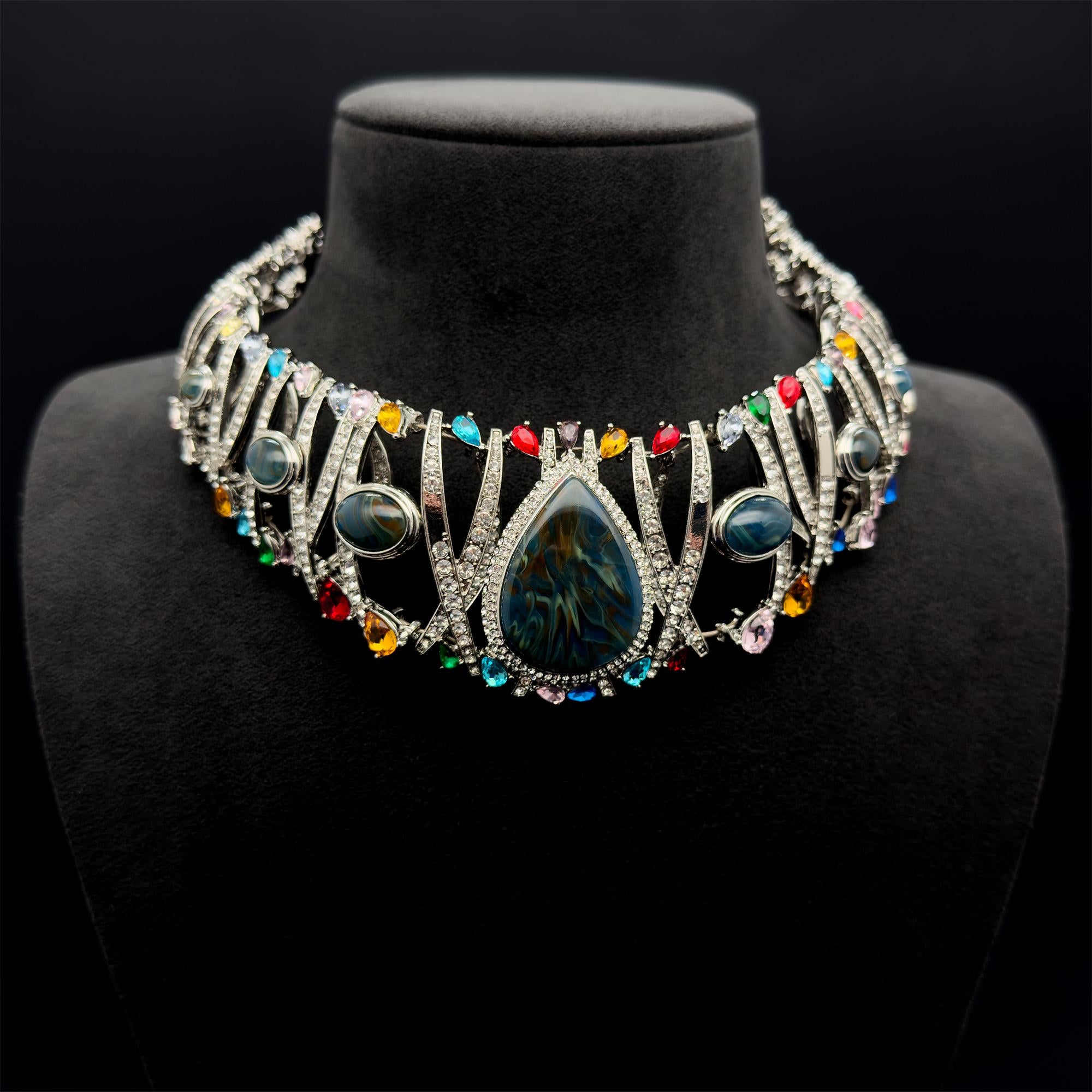 Vintage Art Deco Rhinestone Statement Choker Necklace with Stones