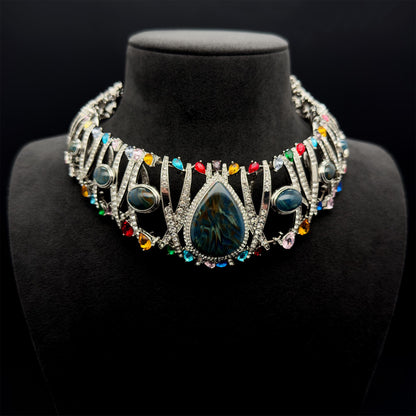 Vintage Art Deco Rhinestone Statement Choker Necklace with Stones