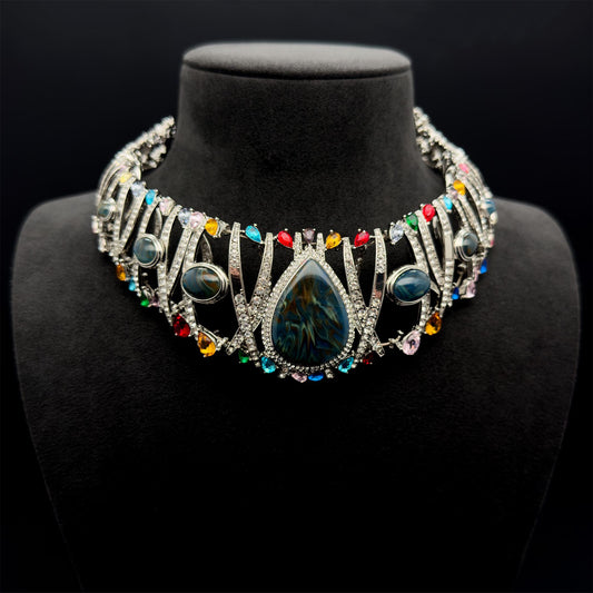 Vintage Art Deco Rhinestone Statement Choker Necklace with Stones