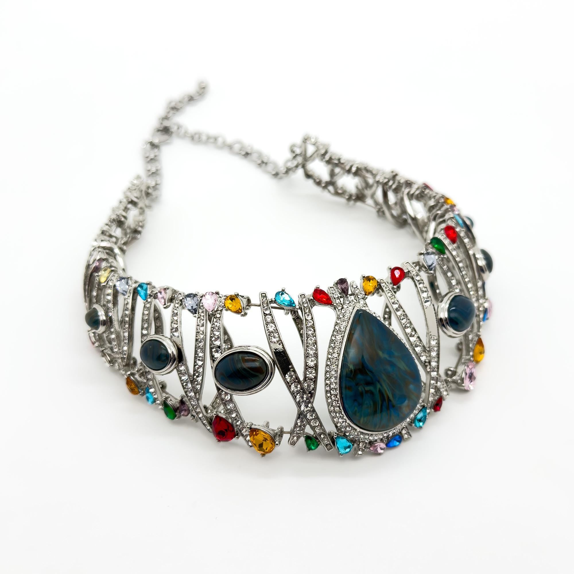 Vintage Art Deco Rhinestone Statement Choker Necklace with Stones