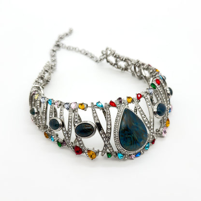 Vintage Art Deco Rhinestone Statement Choker Necklace with Stones