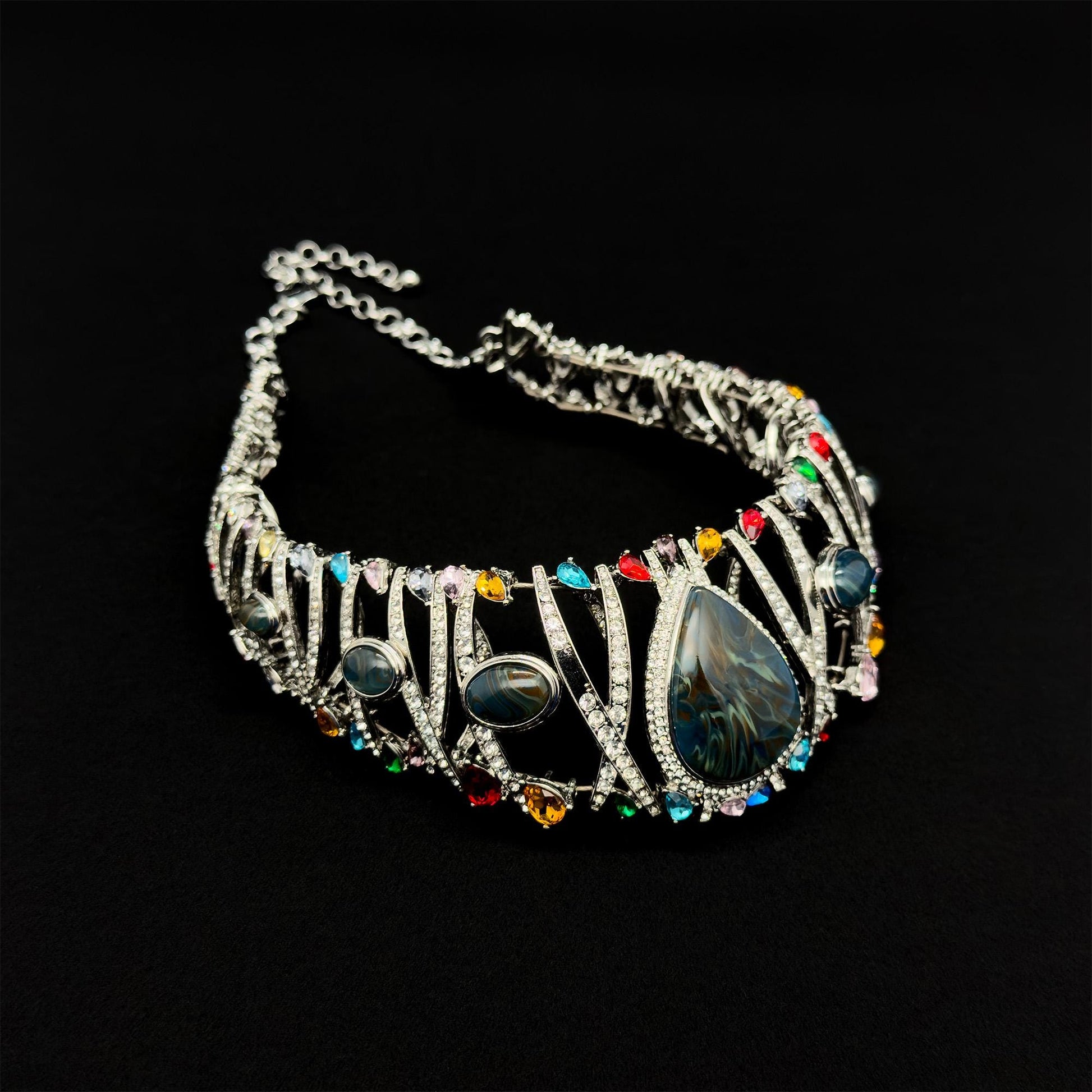 Vintage Art Deco Rhinestone Statement Choker Necklace with Stones