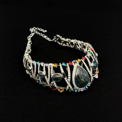 Vintage Art Deco Rhinestone Statement Choker Necklace with Stones