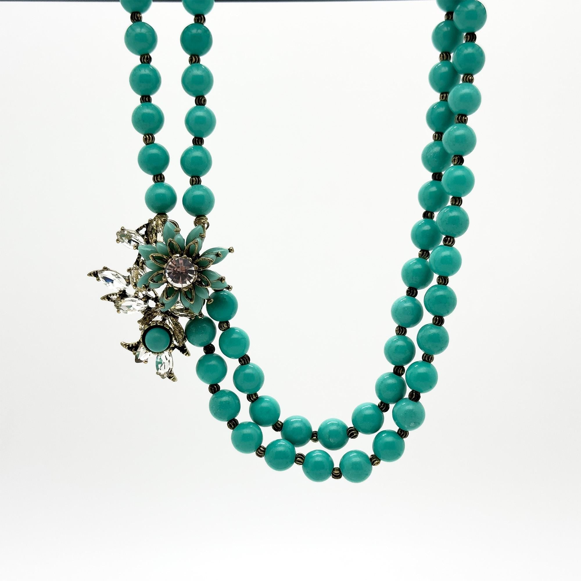 Vintage Art Deco Turquoise Flower Copper Choker Necklace Handmade