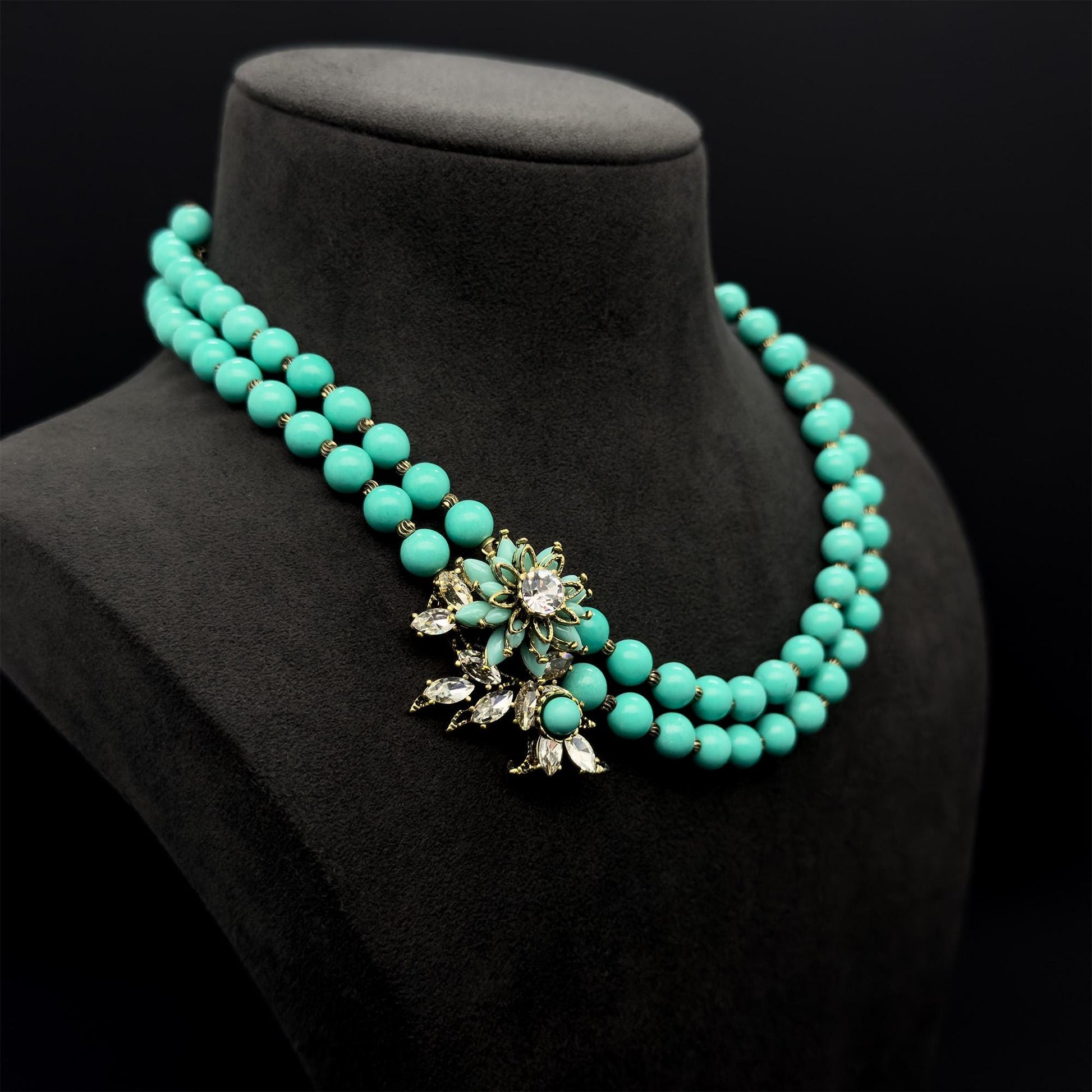 Vintage Art Deco Turquoise Flower Copper Choker Necklace Handmade